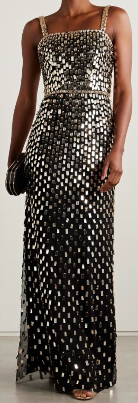 NWT Jenny Packham Black Mesh Gold Embellished Juliette Gown Womens Size 4